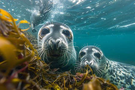 Seals in the ocean. Seals on the seabed