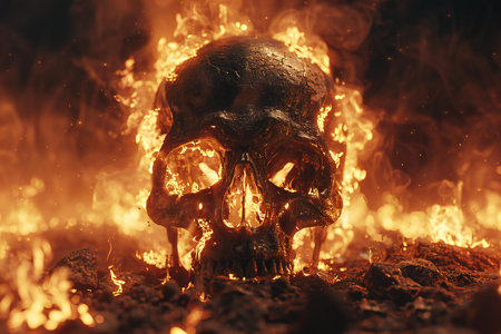 Human skull burning in fire. Halloween concept. Selective focus.