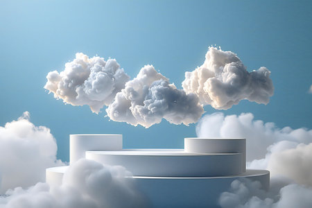 Abstract scene podium with clouds and sky background. 3d render illustration