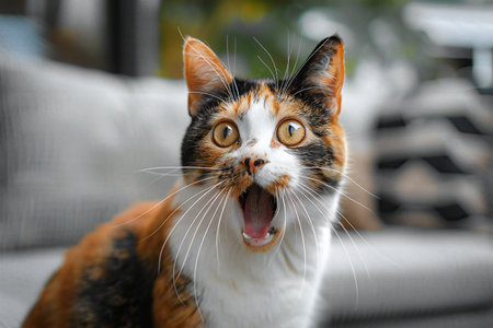Tricolor cat yawning in the living room at home.