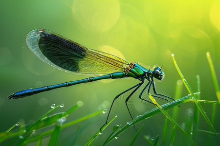 Dragonfly on green grass with bokeh background, close up