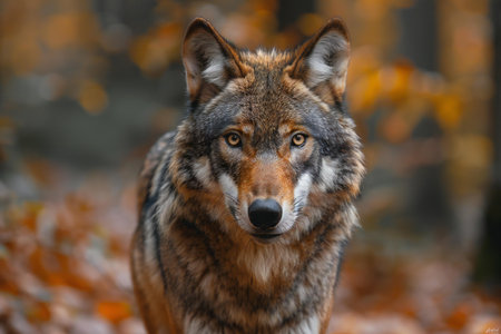 Portrait of a wolf in the autumn forest. Animal portrait.