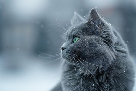 Portrait of a gray cat on a background of snowfall.の写真素材