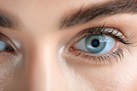 Close up of beautiful woman's blue eye with long eyelashes.