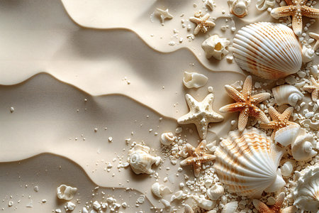 Seashells and starfish on sand background. Top view