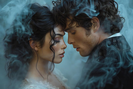 Close-up portrait of a beautiful bride and groom with smoke.