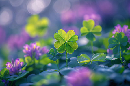 Green clover leaves on blurred background with bokeh effect.