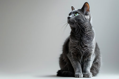 Portrait of a gray cat with green eyes on a gray backgroundの写真素材