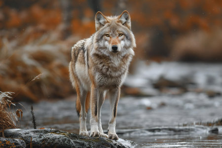 Grey wolf (Canis lupus) standing on a rock.の写真素材