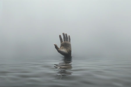 Hand in the water in a misty foggy day. Conceptual image.