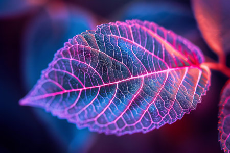 Close up of colorful leaf with neon effect. Abstract nature background.
