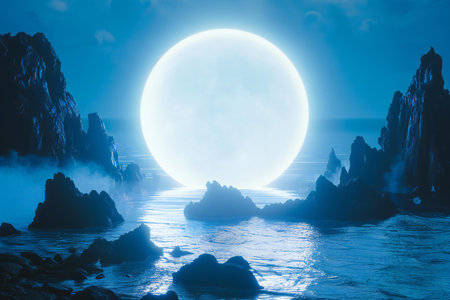 Fantasy alien planet. Mountain and sea. 3D illustration.の写真素材