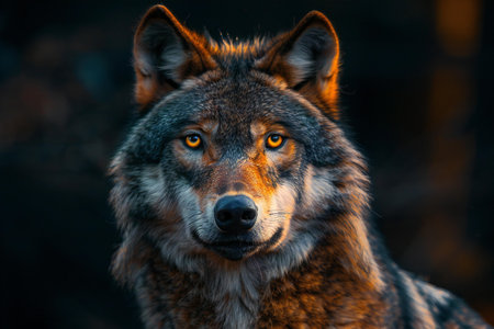 Close-up portrait of a wolf in the forest at sunset.