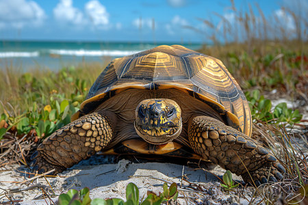 African spurred tortoise (Geochelone sulcata) on the coast of the caribbean sea