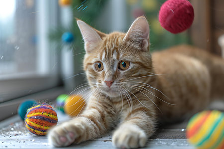 Cute ginger kitten playing with colorful balls on the windowsill.