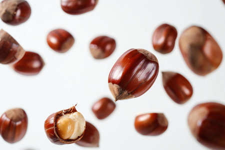 Hazelnuts falling on white background, close up. Food background