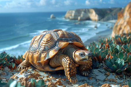 African spurred tortoise (Geochelone sulcata) on the seashore.の写真素材
