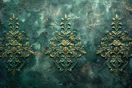 Luxury green background with golden ornament. Close-up.の写真素材