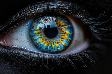 Close-up of an eye with blue and yellow iris.