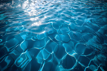 Blue water surface with sun reflection in swimming pool. Abstract background.