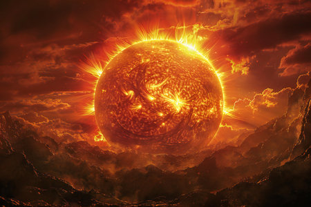 Abstract planet in the sky. Fantasy fractal background. 3D renderingの写真素材