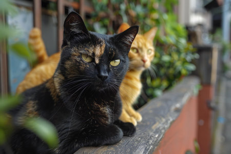 Three cats sitting on the terrace of a house in the city