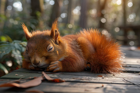 Red squirrel lying on a wooden floor in the autumn forest and eating nutsの写真素材
