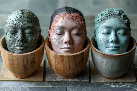 Clay head in wooden bowls, closeup of photoの写真素材