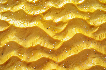 Close-up of a yellow wavy surface with water dropletsの写真素材