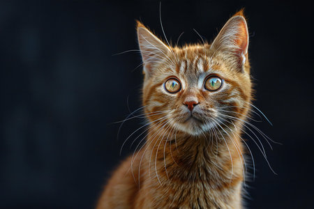 Portrait of a ginger cat with blue eyes on a dark background