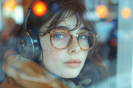 portrait of a girl with glasses and headphones looking out the windowの写真素材