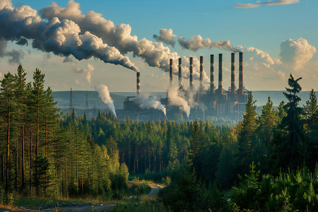 Power plant with smoking chimneys on the background of the forest.