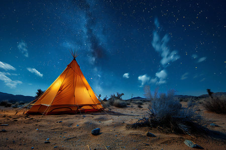 Tent in the desert at night with starry sky and moon