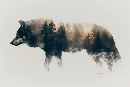Silhouette of a wolf on the background of the forest.