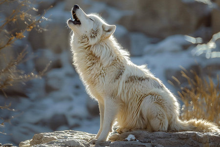 White wolf, Canis lupus, single mammal on rock, Baja California, Mexico