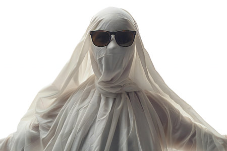 Hooded man in a white veil and sunglasses isolated on white backgroundの写真素材