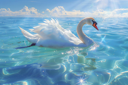 swan on blue sea water in sunny day, beautiful photo digital pictureの写真素材