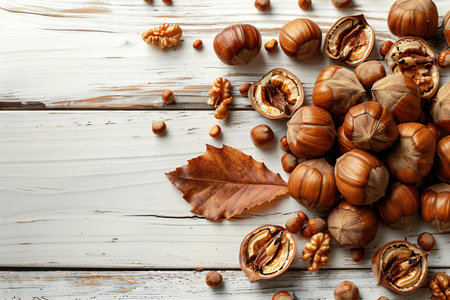 Hazelnuts, walnuts and autumn leaves on white wooden background