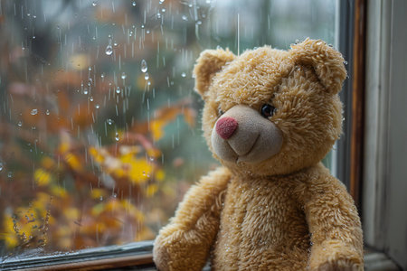 Teddy bear sitting on the window with rain drops and autumn leavesの写真素材