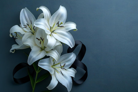 Beautiful white lily with black ribbon on grey background, top viewの写真素材