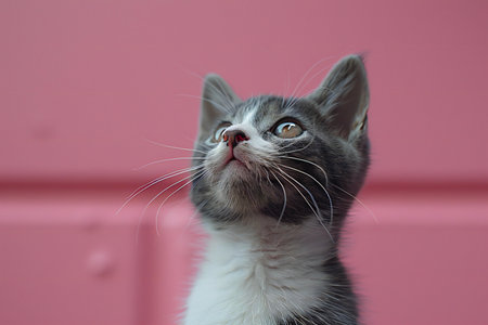 Cute kitten sitting on pink background, close-up portrait.