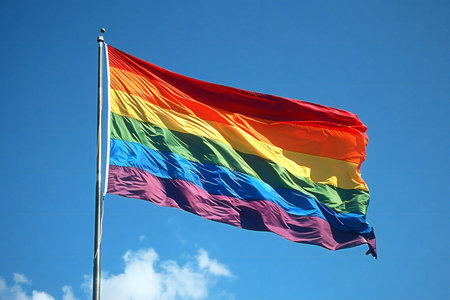 Rainbow flag waving in the wind against a blue sky with cloudsの写真素材