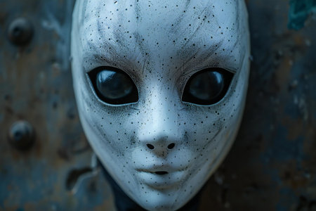 Close-up portrait of a silver alien face on rusty metal background