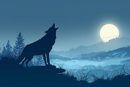 Wolf in the forest against the background of the moon. Vector illustration