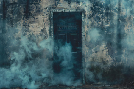 Door with smoke in a dark abandoned building. Halloween concept.
