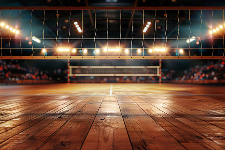 Empty volleyball court with net and spotlights. 3D Renderingの写真素材