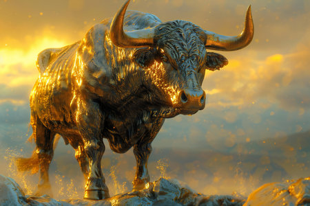 Bull statue on sunset background. Symbol of 2021. 3d renderingの写真素材
