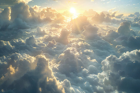 Beautiful sunrise above the clouds. The sun shines through the clouds.
