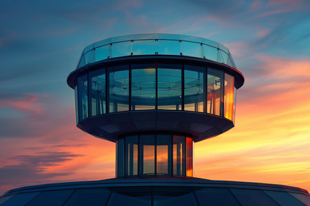 Illustration of a modern building with a beautiful sky at sunset