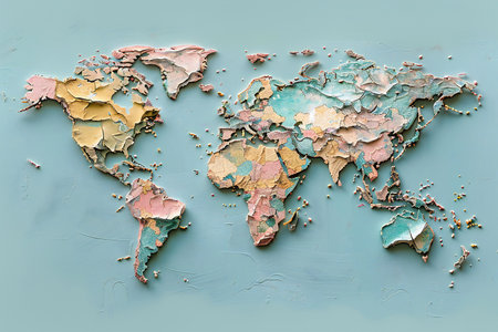 Map of the world on weathered metal surface with spots of paint